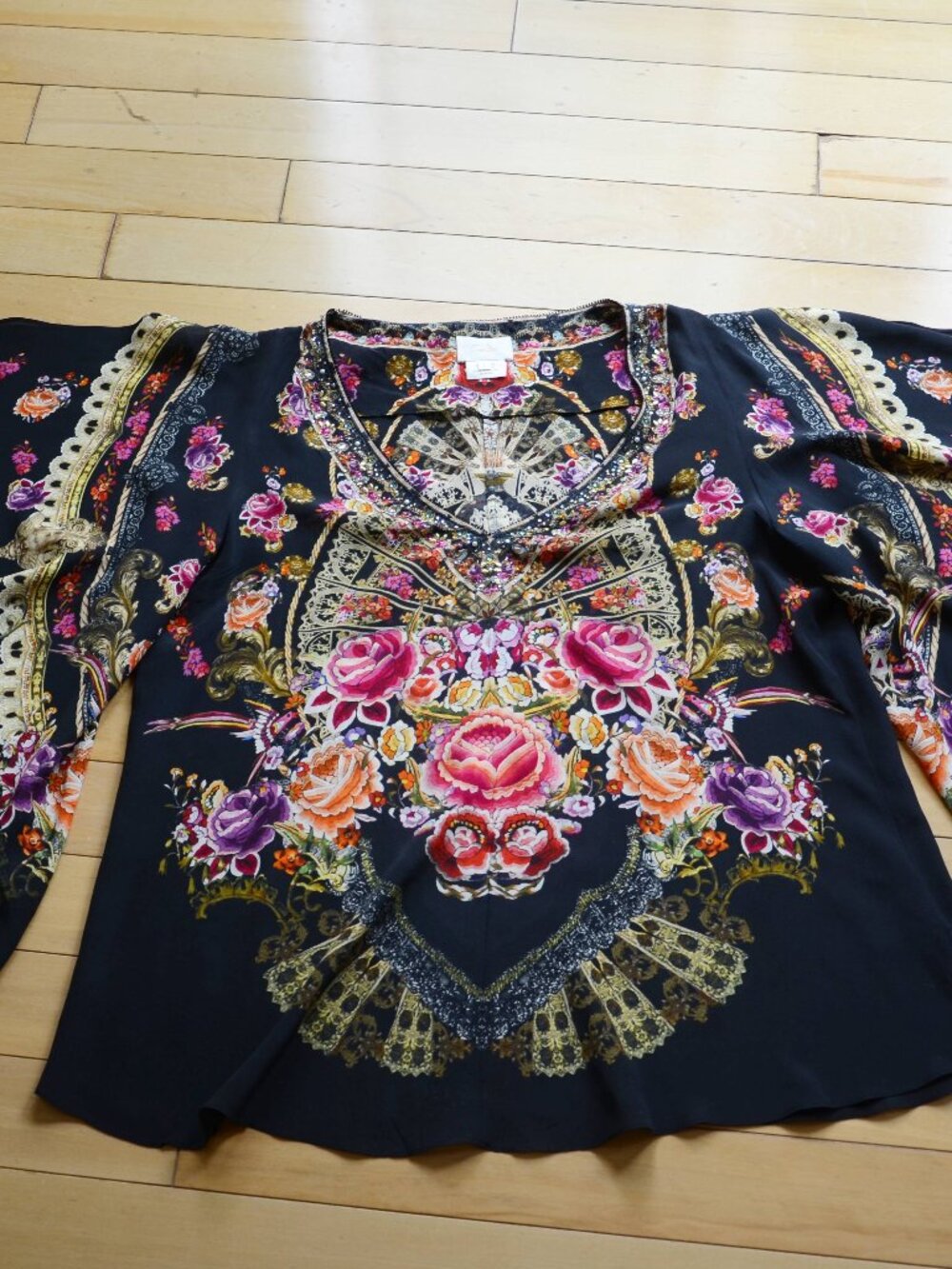 Camilla  floral-print embellished silk Bat Sleeve shirt Size L
